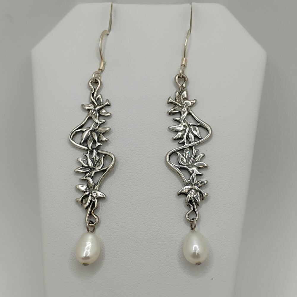 Hibiscus Flower and Natural Fresh Water Pearl Dangle Earrings Sterling Silver